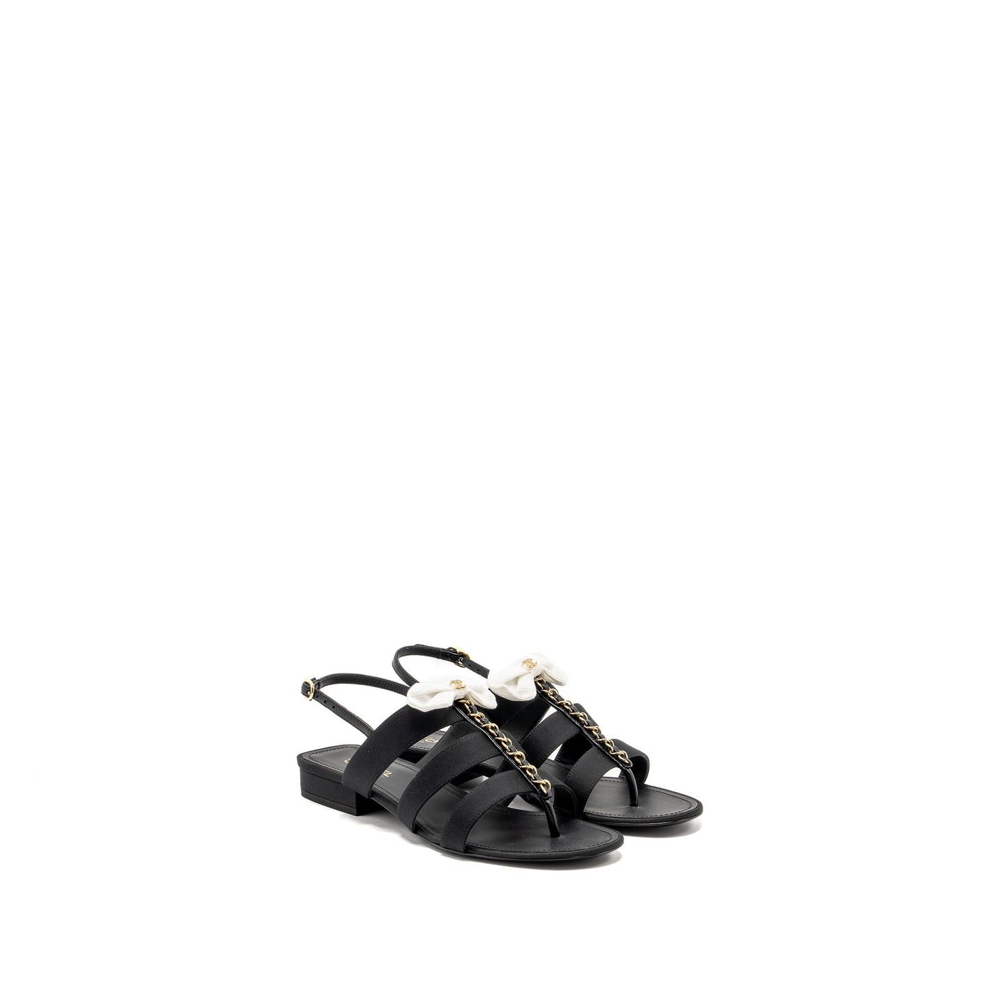 Chanel Size 39 21K Grosgrain Chain CC Logo With White Bow Sandals Black L