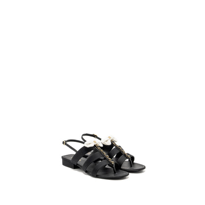 Chanel Size 39 21K Grosgrain Chain CC Logo With White Bow Sandals Black L