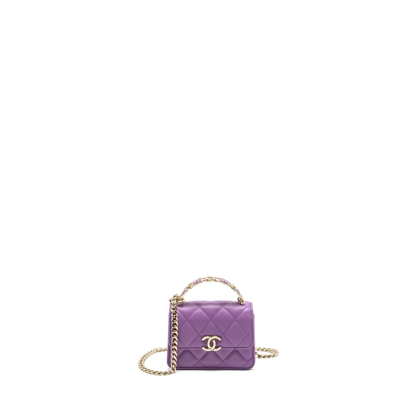 Chanel detailed top handle flap mini clutch with chain lambskin purple L (microchip)