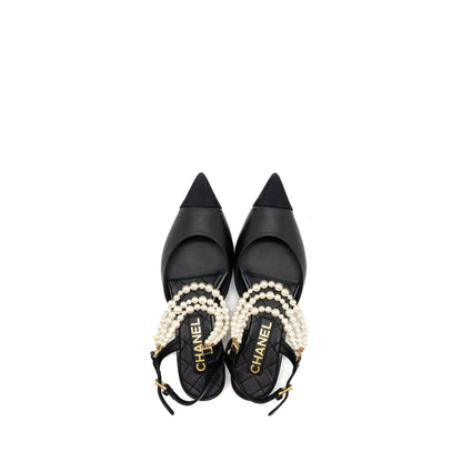 Chanel 22A Size 37.5 Slingback Mules with Pearls Lambskin Black L