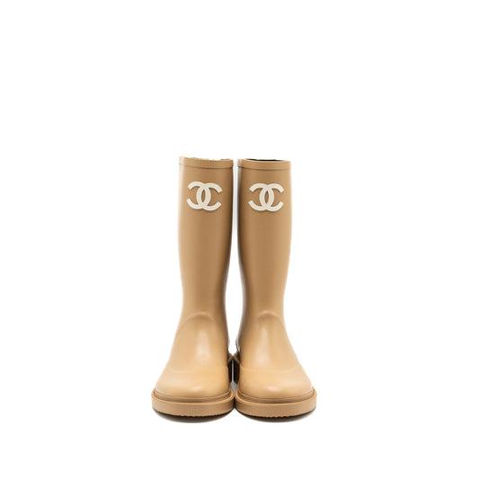 Chanel Size 39 Wellington Rain Boots Rubber Beige