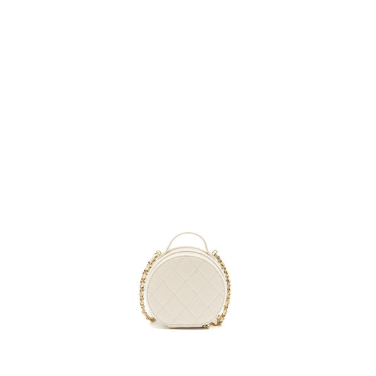 Chanel Top Handle Mini Round Vanity with Chain Caviar White L