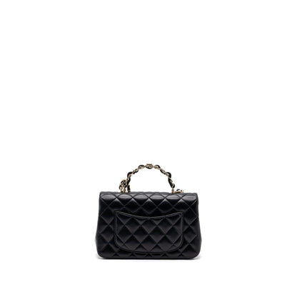 Chanel 23K Leather Chain Top Handle Mini Rectangular Flap Bag Lambskin Black L (microchip)
