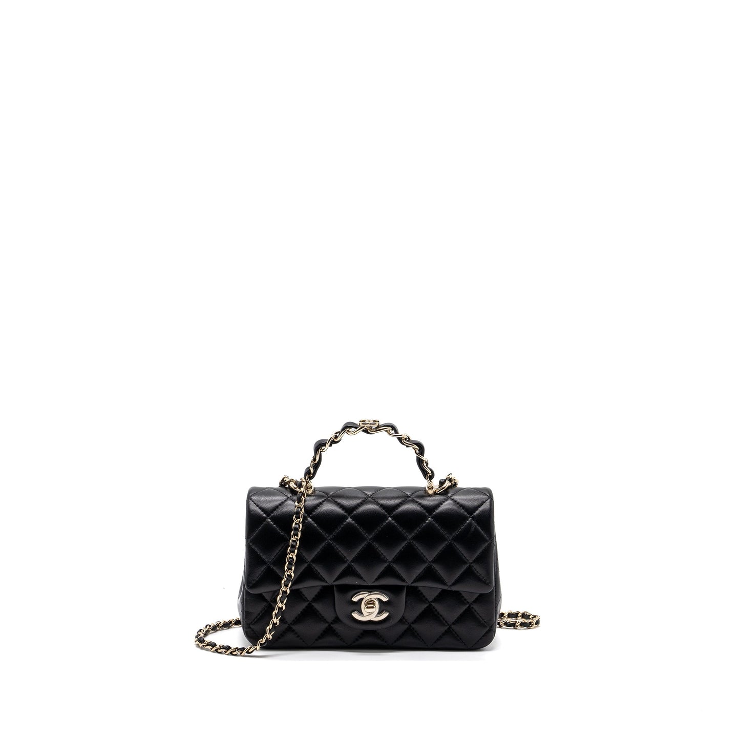 Chanel 23K Leather Chain Top Handle Mini Rectangular Flap Bag Lambskin Black L (microchip)