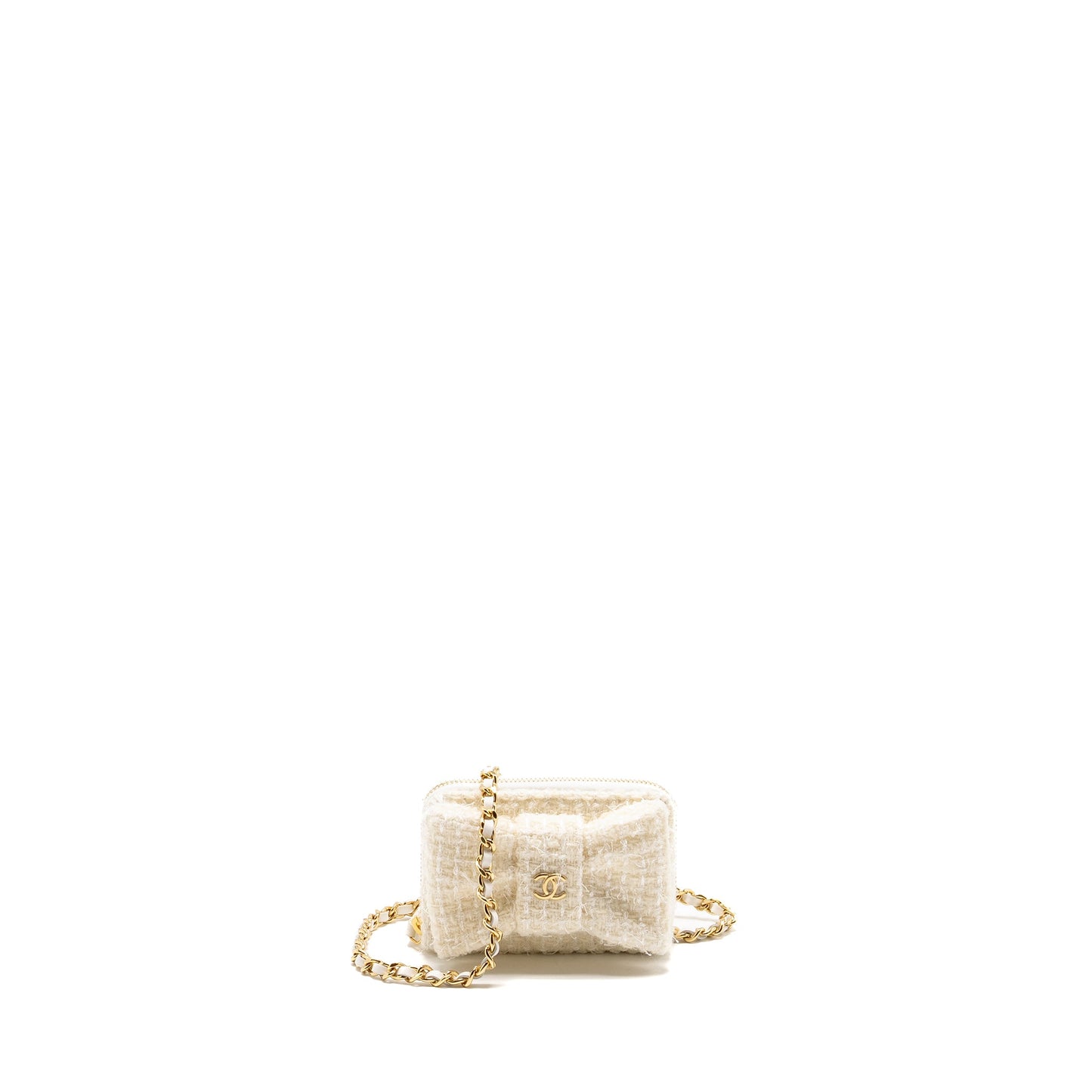 Chanel Mini Bow Card Holder With Chain Tweed White L (Microchip)