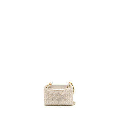 Chanel Mini Bow Card Holder With Chain Tweed White L (Microchip)