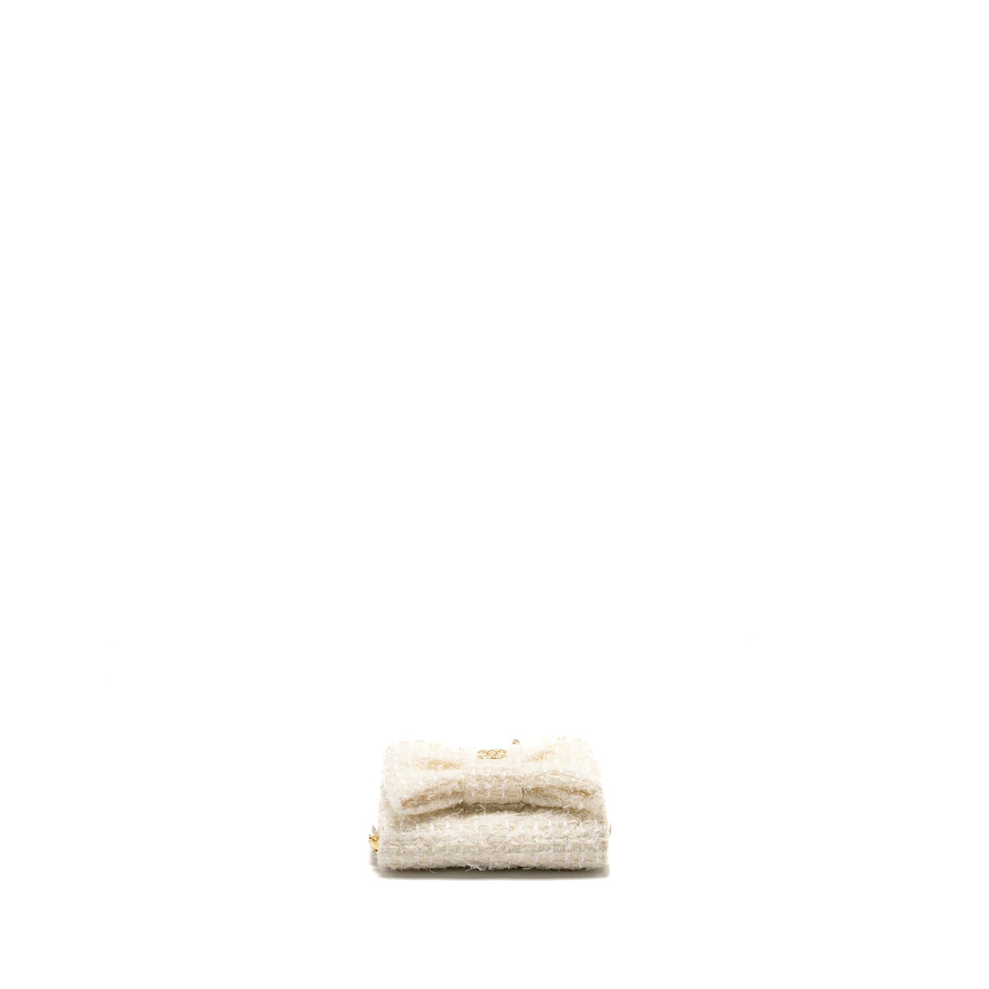 Chanel Mini Bow Card Holder With Chain Tweed White L (Microchip)