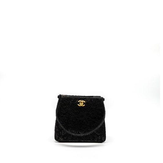 Chanel Vintage Double Sided Tumlock Handbag Laced Satin Black
