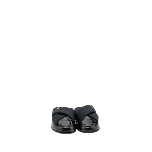 Chanel Size 38 CC Puffy Mule Sandals Fabric/Leather Black