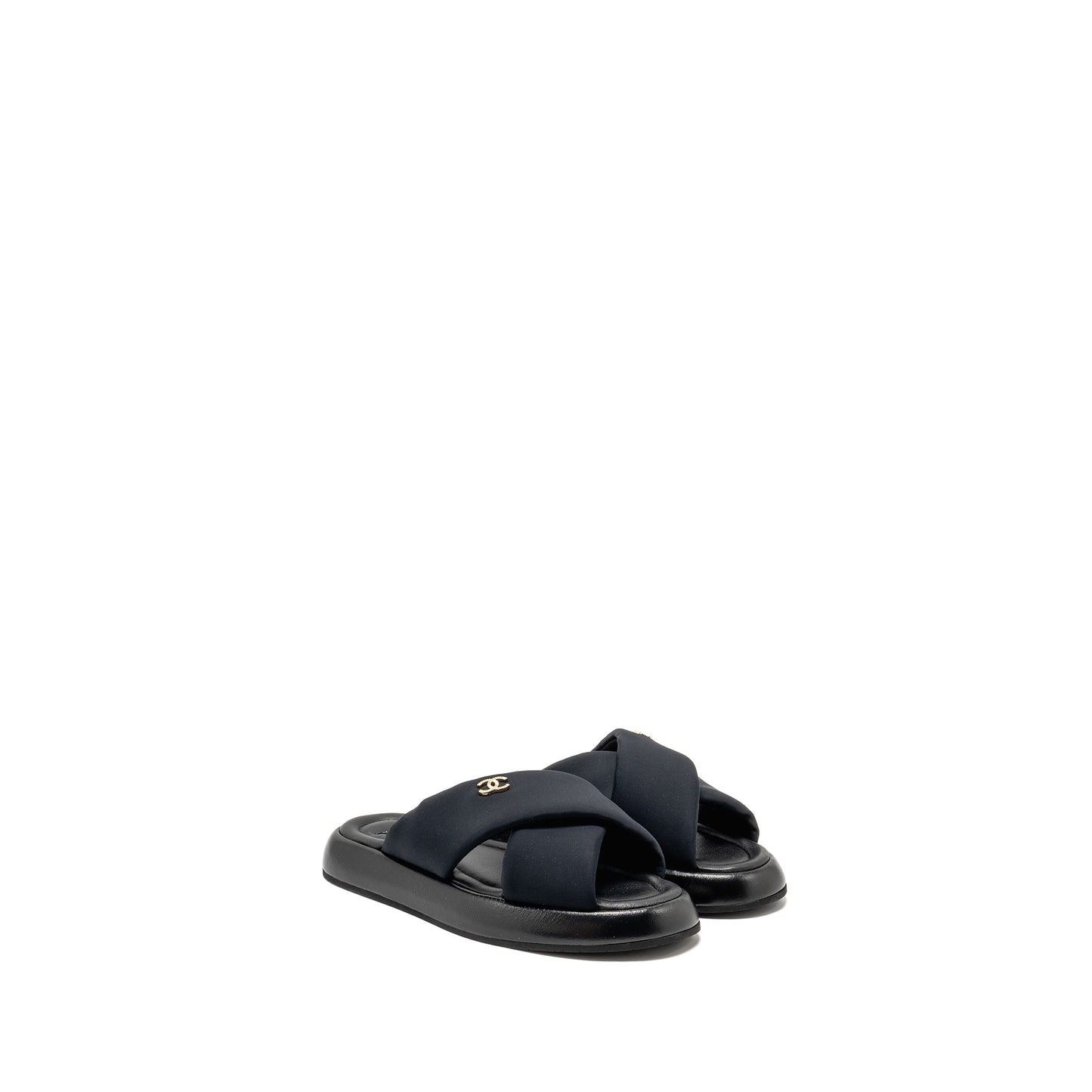 Chanel Size 38 CC Puffy Mule Sandals Fabric/Leather Black