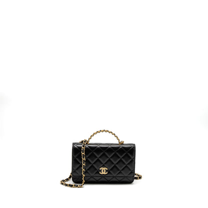 Chanel Detail Top Handle Wallet On Chain Lambskin Black Brushed  (Microchip)