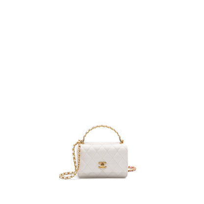Chanel 23P detailed top handle mini wallet with chain calfskin white / multi color brushed  (microchip)