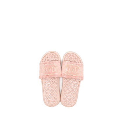 Chanel Size 38 Tweed Pool Beach Slides Sandals Pink