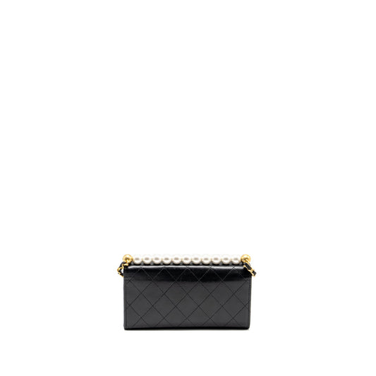 Chanel Quilted Pearl Long Wallet on Chain Goatskin Black