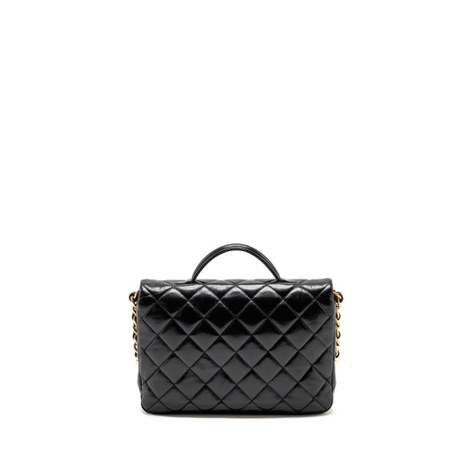 Chanel Double pocket top handle messanger bag shiny calfskin black  (microchip )