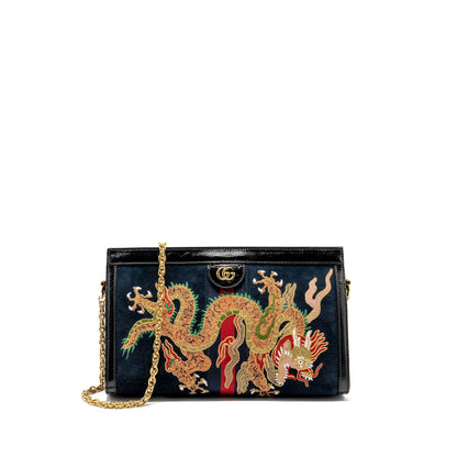 Gucci Ophidia Chain Bag Dragon Embroidered Suede Blue/Black/Multicolour