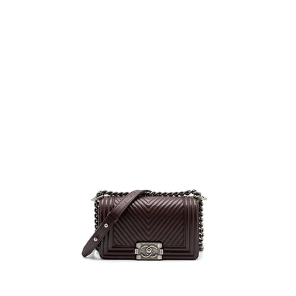 Chanel Chevron Small Boy Bag Lambskin BURGUNDY RUTHENIUM HARDWARE