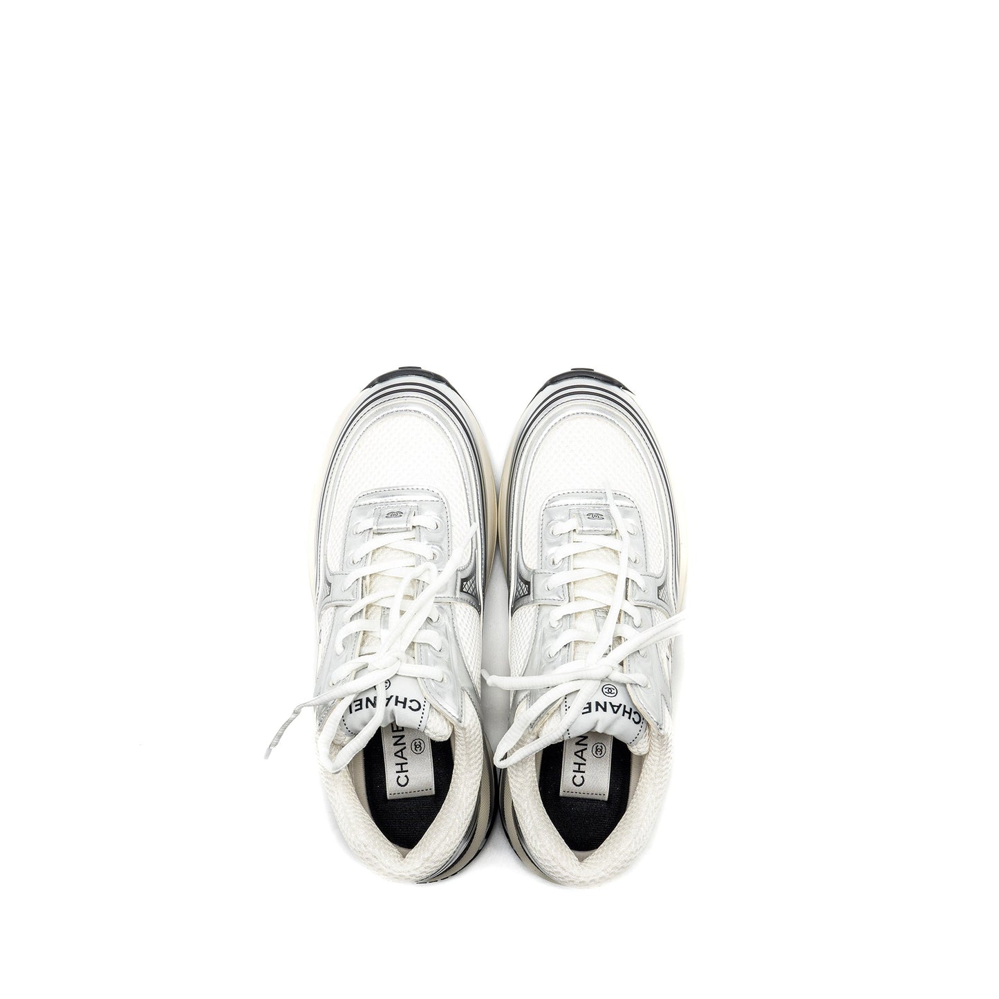 CHANEL Size 36.5 Metallic Trainer/Sneaker Silver/White