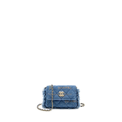 Chanel 22p Logo Printed Mini Clutch With Chain Denim Blue/Multicolour L