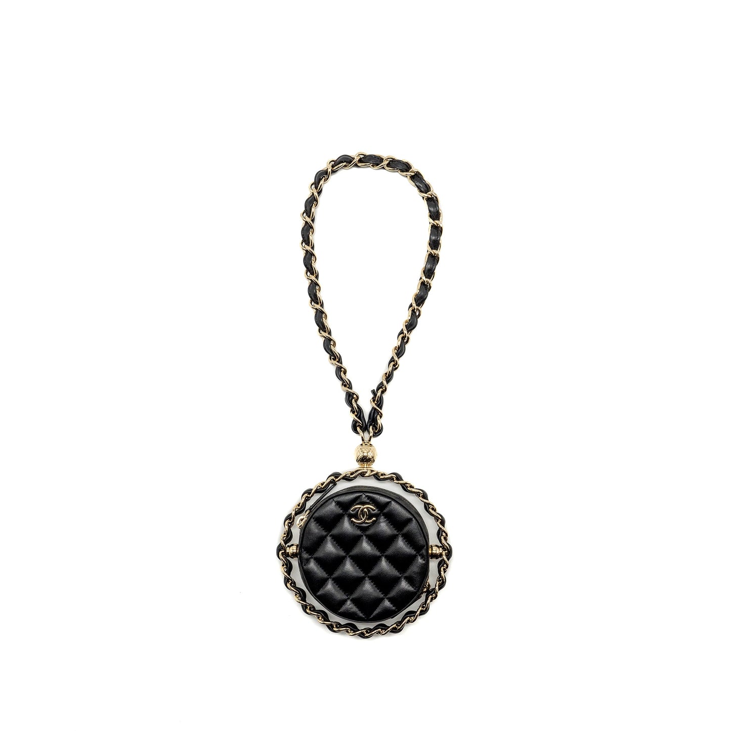 Chanel 22c Quilted Round Clutch With Chain Lambskin Black L