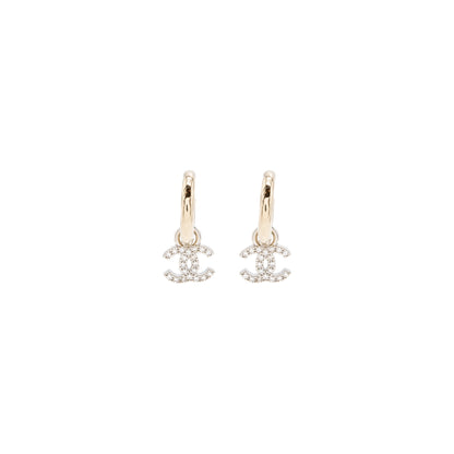 Chanel Round CC Logo Dropped Earring Crystal Light Gold Tone