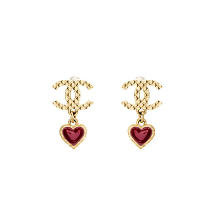 Chanel CC Heart Drop Earrings Light Gold Tone/ Purple