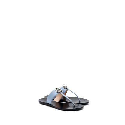 Gucci Size 37 Leather Thong Sandal With Double G Leather Light Blue SHW
