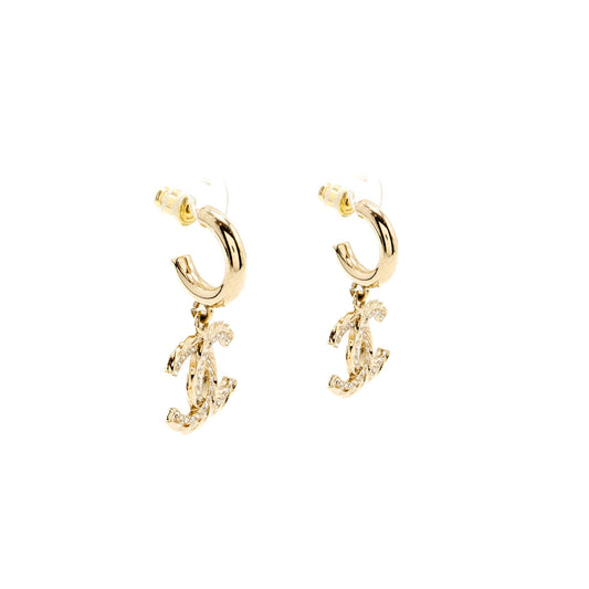 Chanel CC Drop Earrings Crystal Light Gold Tone