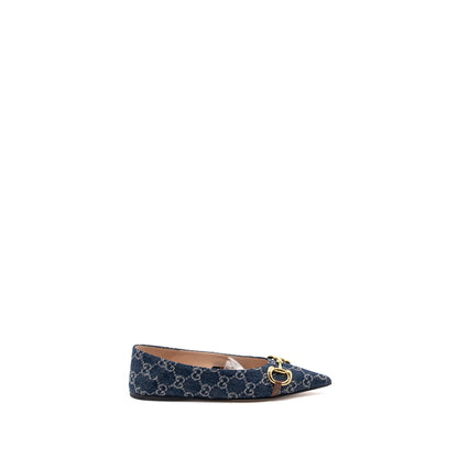 Gucci Size 37 GG Horsebit Ballerina Shoes GG Supreme Denim