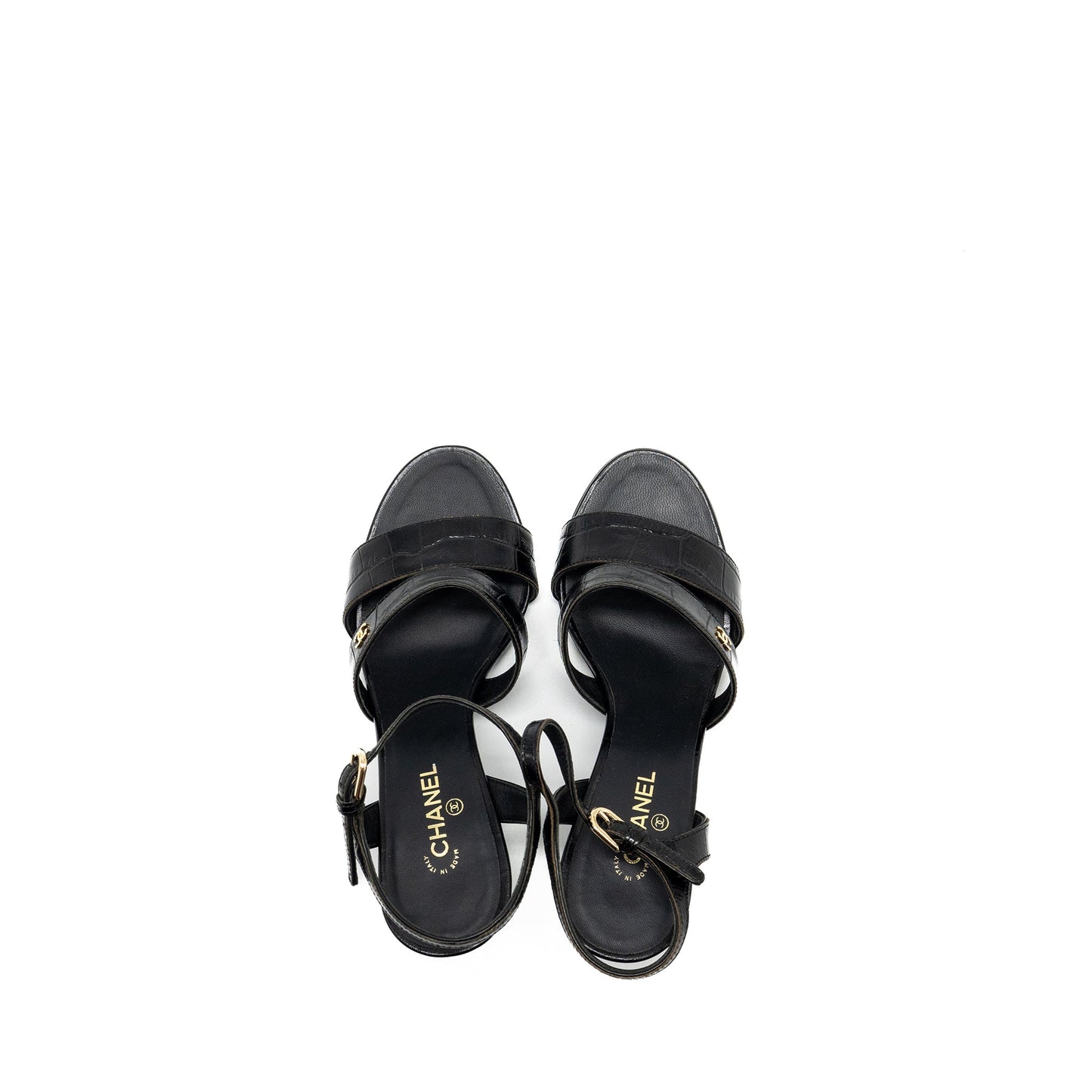 Chanel Size 36 CC Sandals Matte Crocodile-Embossed Calfskin Black