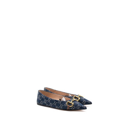 Gucci Size 37 GG Horsebit Ballerina Shoes GG Supreme Denim