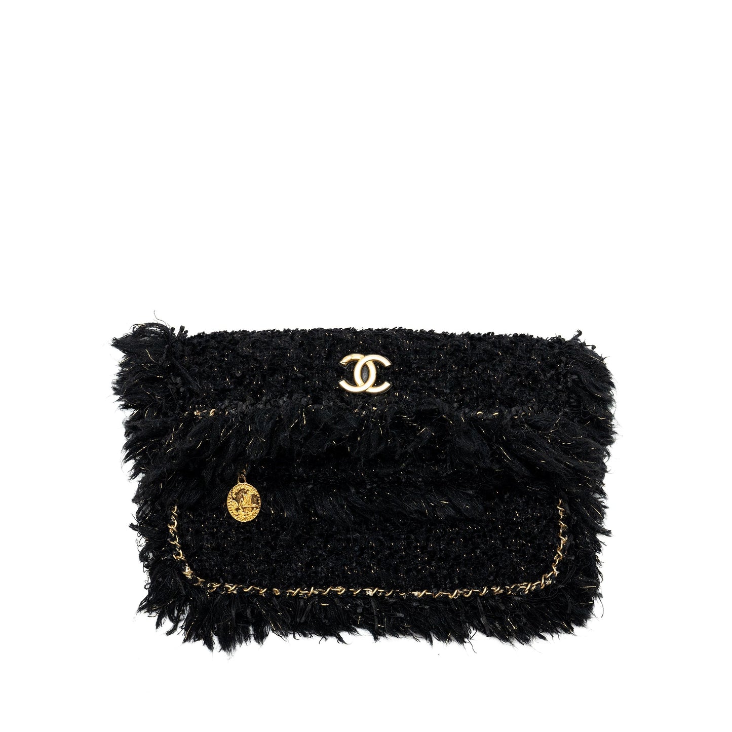 Chanel Fringe Paris Cosmopolite Clutch Tweed Black