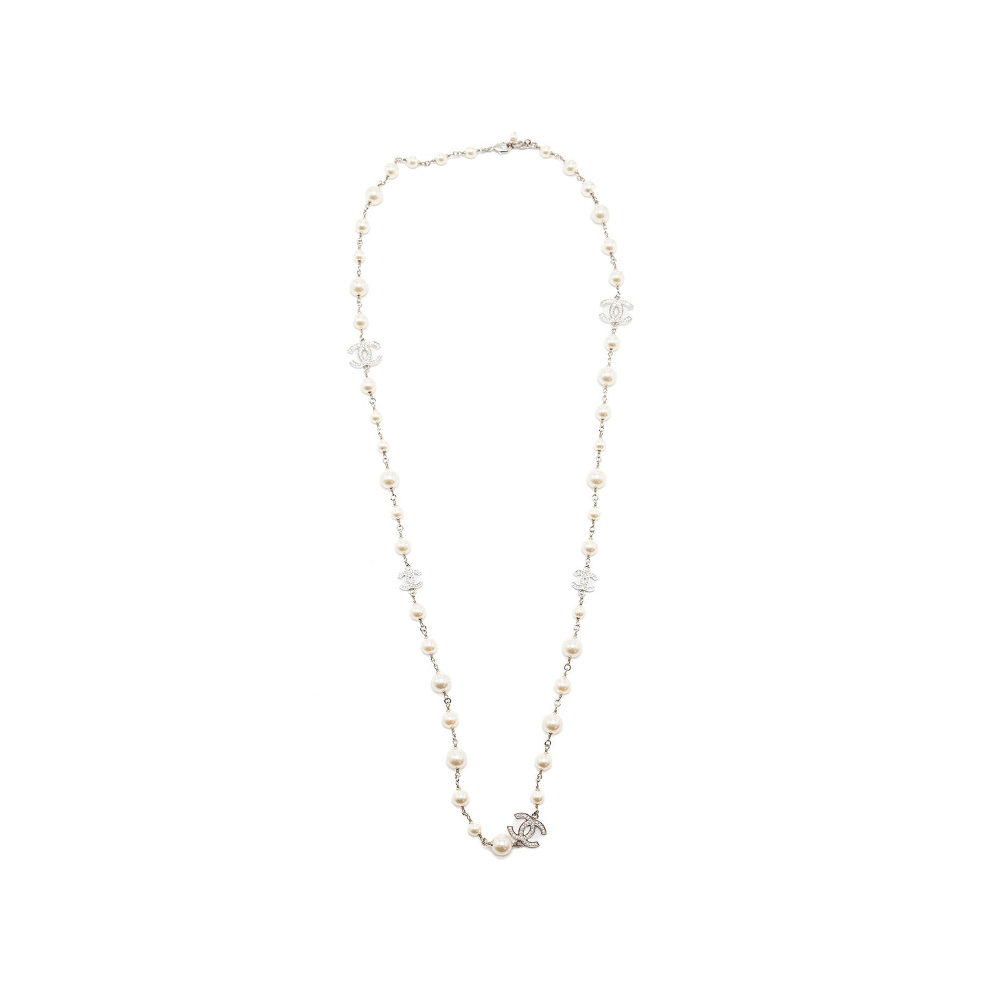 Chanel Pearl and CC with Crystal Long Necklace Silver Tone