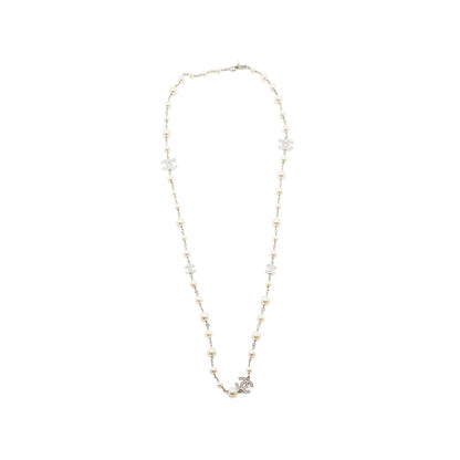 Chanel Pearl and CC with Crystal Long Necklace Silver Tone