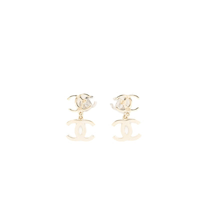Chanel Double CC with CC Drop Earrings Crystal Light Gold Tone