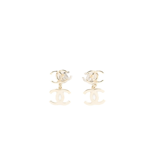 Chanel Double CC with CC Drop Earrings Crystal Light Gold Tone