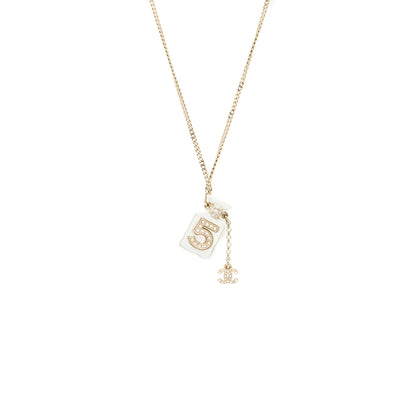 Chanel No.5 Perfume Bottle Long Necklace Light Gold Tone