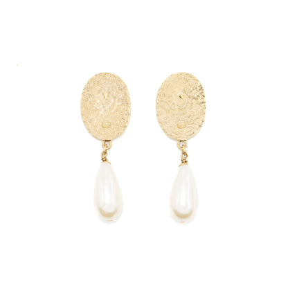 Chanel CC Logo Earrings Pearl Dropped Crystal Gold Tone