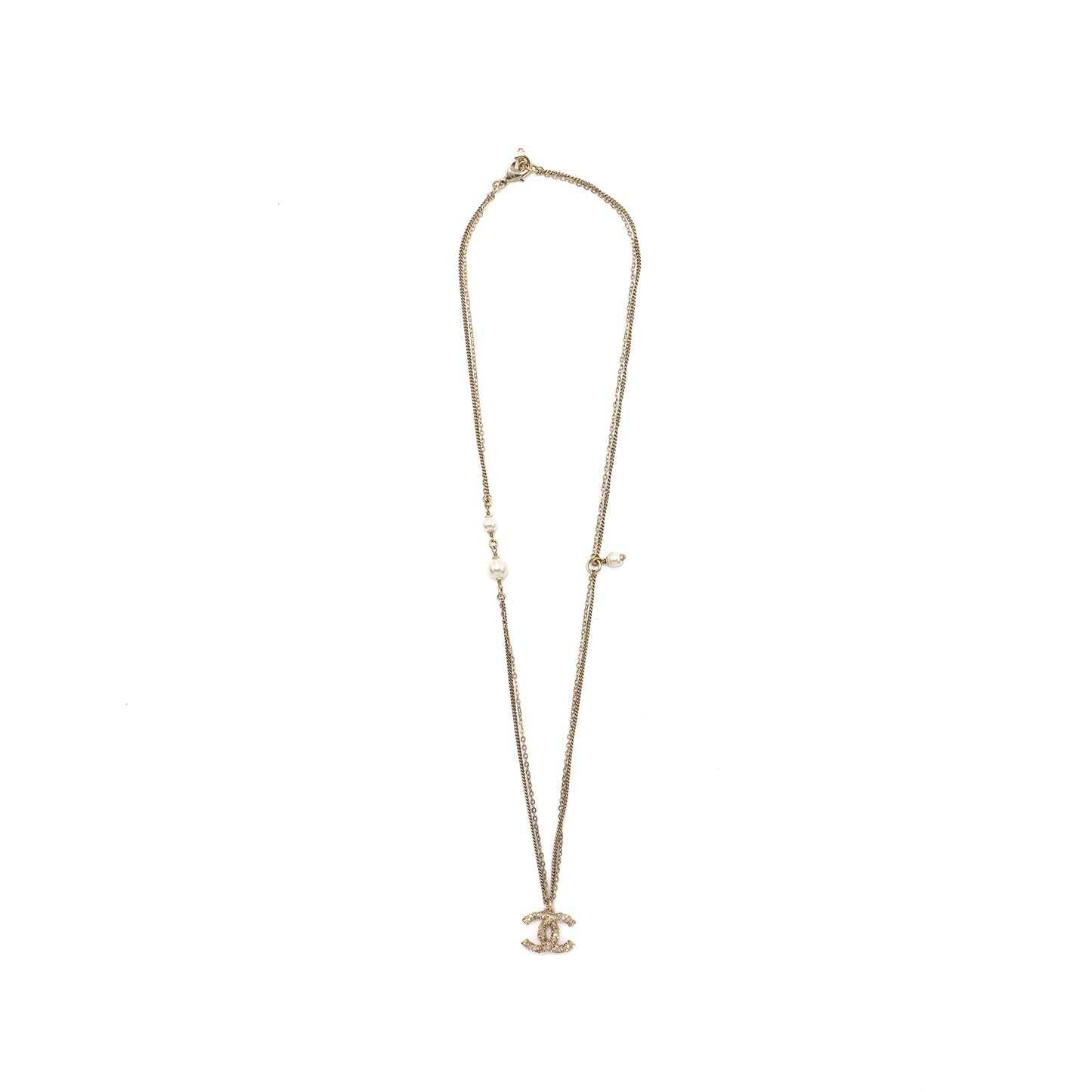 Chanel small CC logo and pearl necklace light gold tone