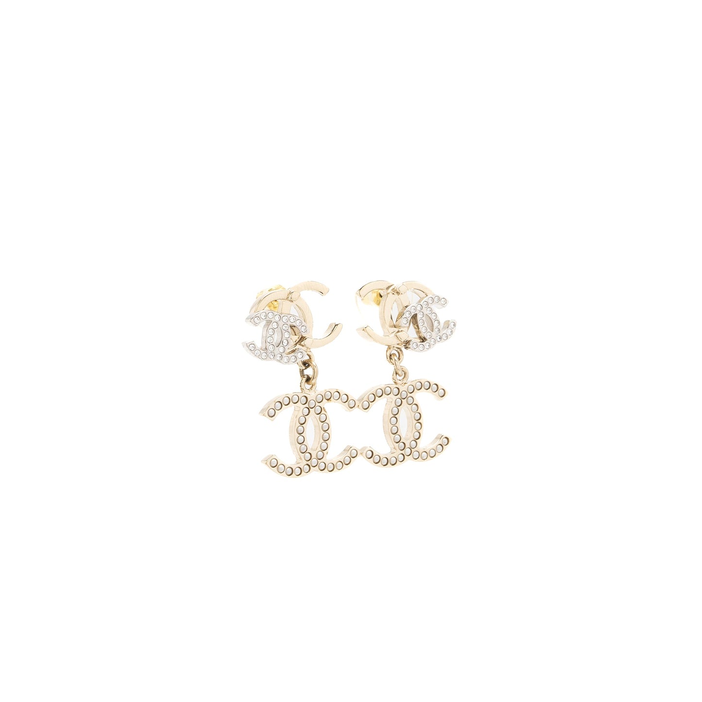 Chanel Double CC with CC Drop Earrings Crystal Light Gold Tone