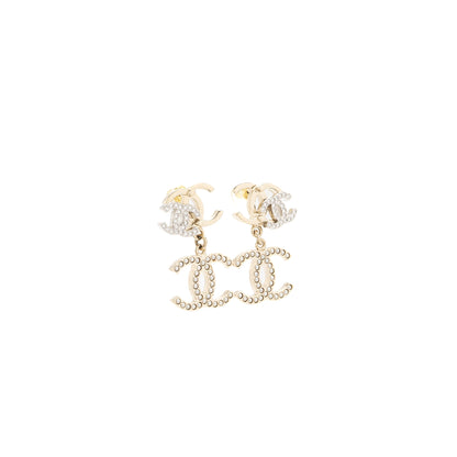 Chanel Double CC with CC Drop Earrings Crystal Light Gold Tone