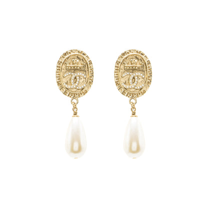 Chanel CC Logo Earrings Pearl Dropped Crystal Gold Tone