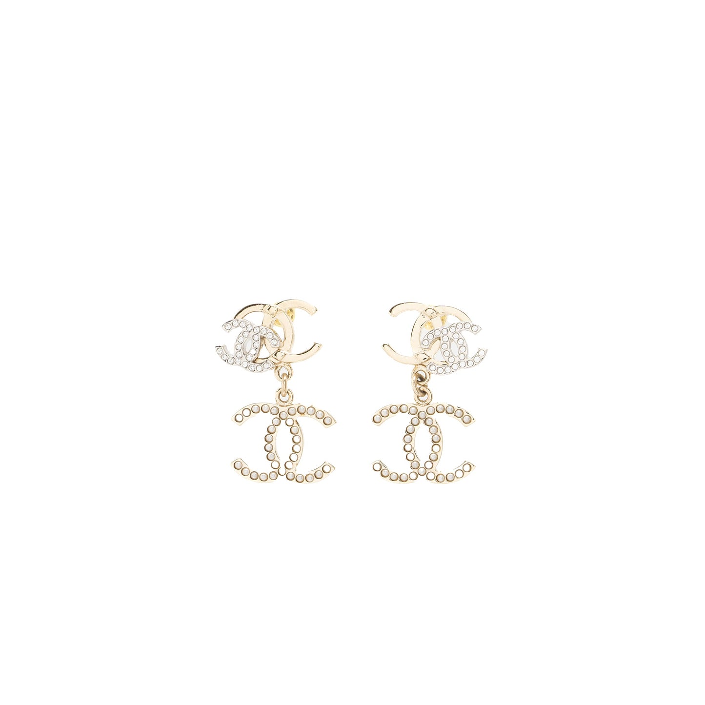 Chanel Double CC with CC Drop Earrings Crystal Light Gold Tone