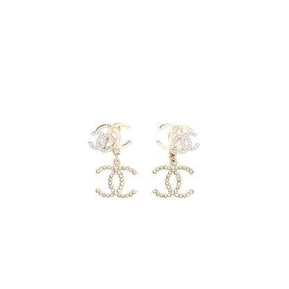 Chanel Double CC with CC Drop Earrings Crystal Light Gold Tone