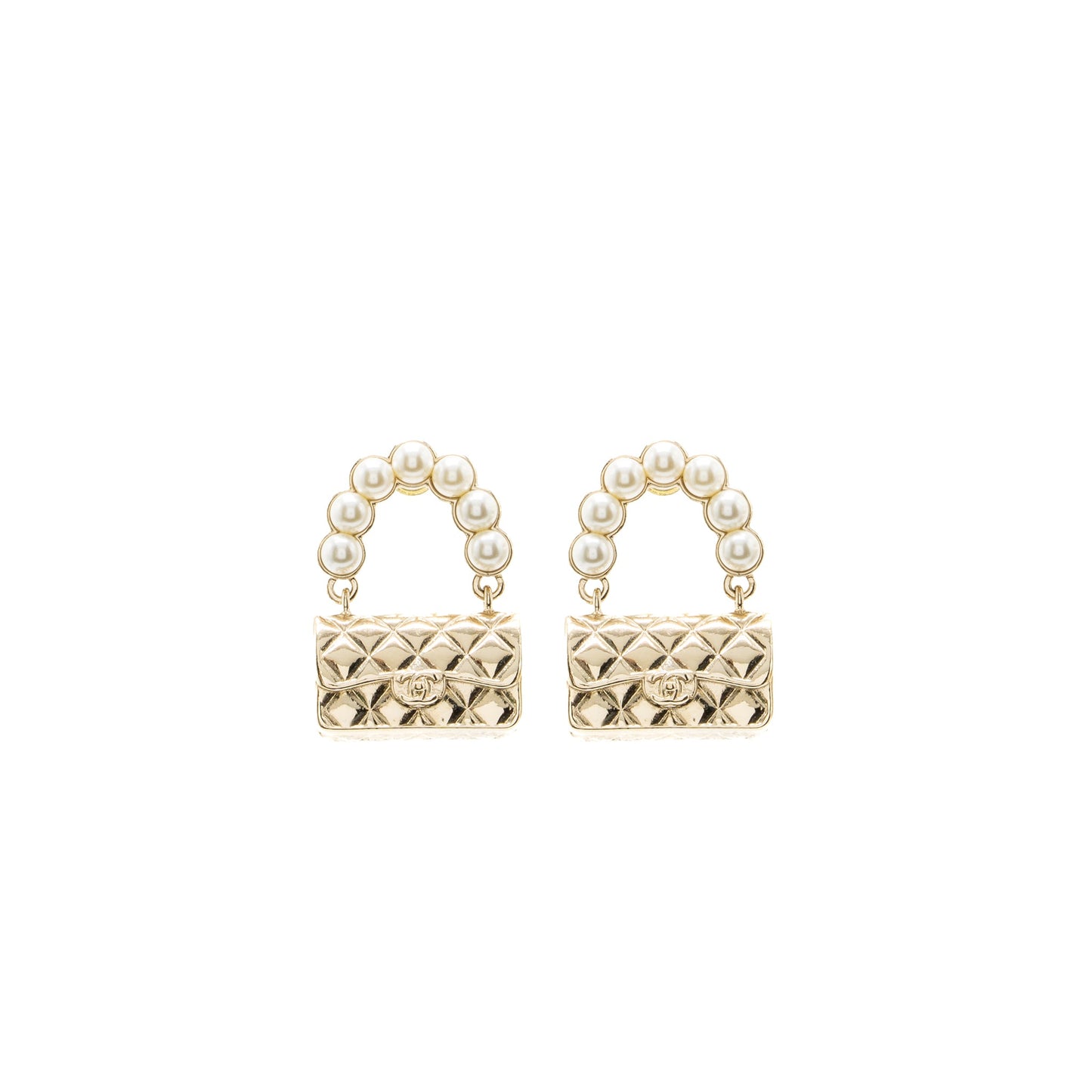 Chanel Flap Bag Dropped Earrings Pearl Light Gold Tone