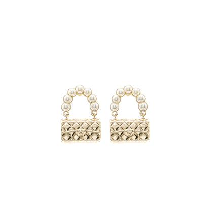 Chanel Flap Bag Dropped Earrings Pearl Light Gold Tone