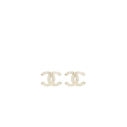 Chanel CC Logo Earrings Crystal Light Gold Tone