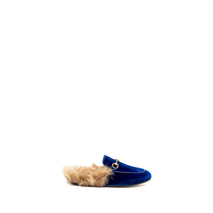 Gucci Size 36.5 Horsebit Princetown Fur Slipper Velvet Blue