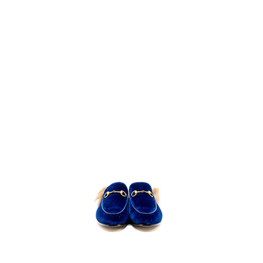 Gucci Size 36.5 Horsebit Princetown Fur Slipper Velvet Blue