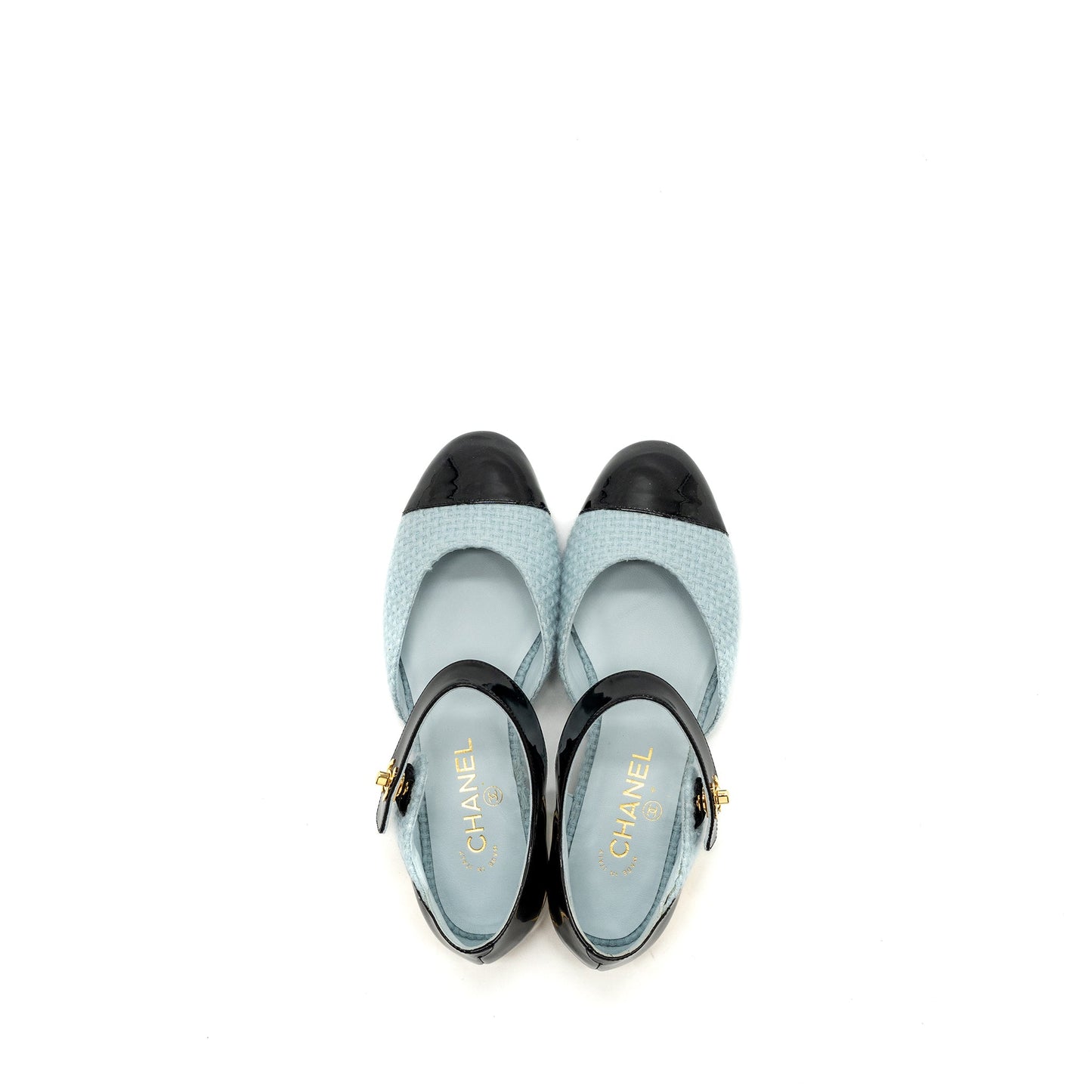 Chanel 21k Size 38 Ballerinas Flat Shoes Tweed/Patent Calfskin Light Blue/ Black